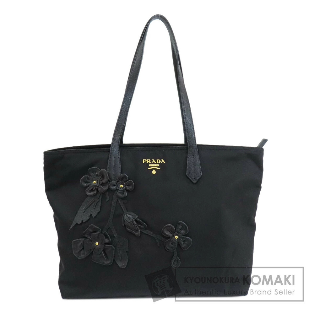 Prada Tessuto tote bag leather floral applique Black